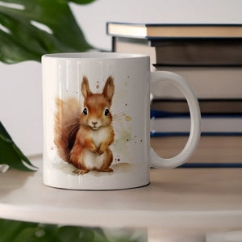 Tailorly White Ceramic 11 oz Mug - Watercolor Style Brown Woodland Animal With Fluffy Tail Sitting Cute Squirrel