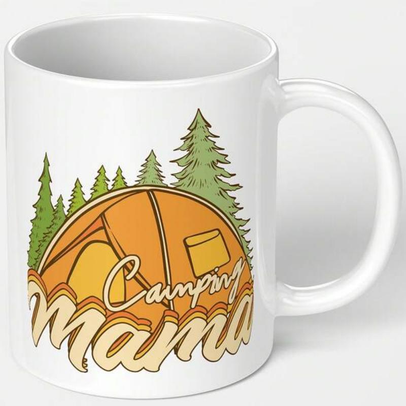 Tailorly White Ceramic 11 oz Mug - Camping Mama Retro Orange Tent Nestled Among Green Pine Trees In Wild Forest Tent