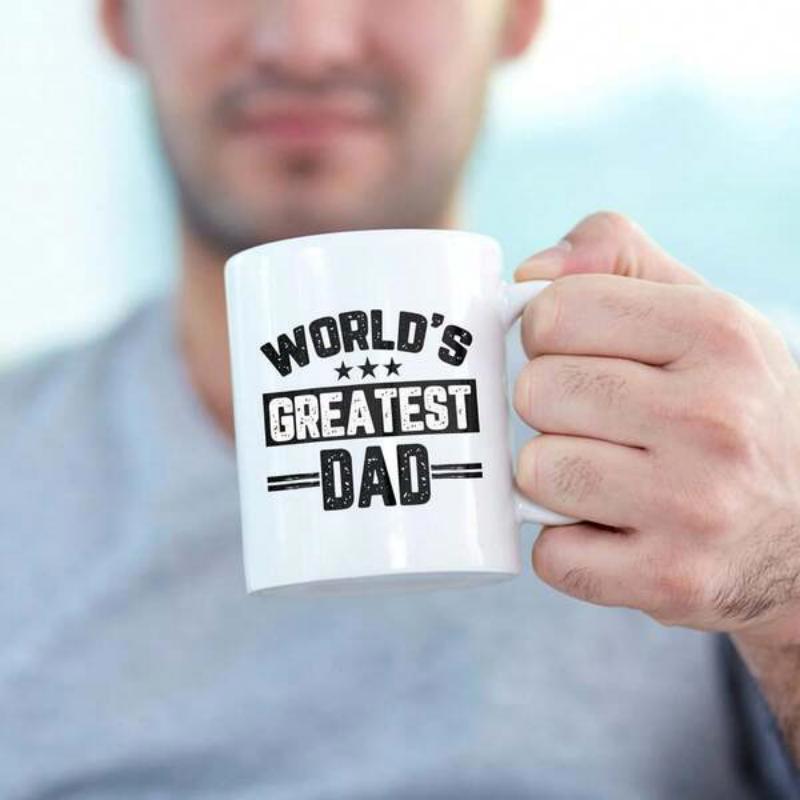 Tailorly White Ceramic 11 oz Mug - Worlds Greatest Dad Bold Black Lettering Featuring Decorative Stars And Horizontal Stripes Minimalist Mug