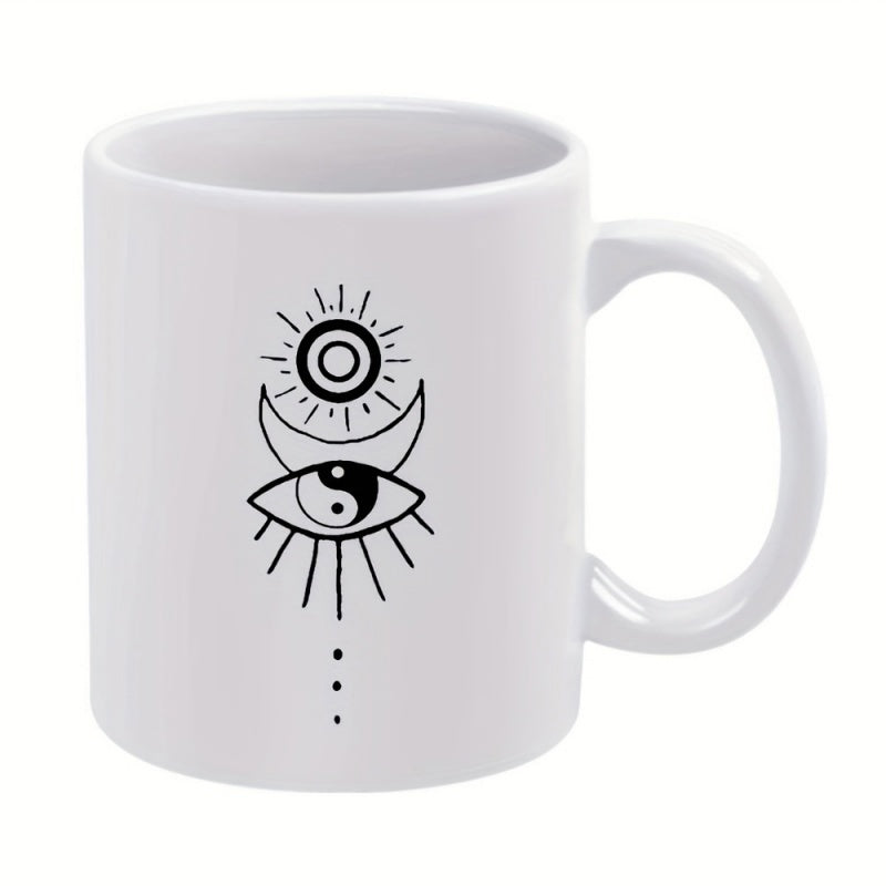 Tailorly White Ceramic 11 oz Mug - Mystical Celestial Symbols Featuring Crescent Moon And Radiant Sun Yin Yang Eye