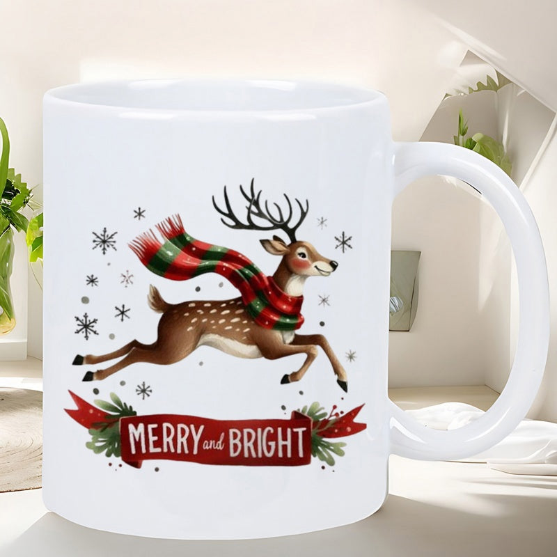 Tailorly White Ceramic 11 oz Mug - Merry And Bright Jumping Through The Air Wearing A Festive Scarf With Snowflakes Surrounding Reindeer