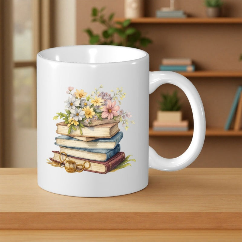 Tailorly White Ceramic 11 oz Mug - Vintage Stacked Books With Delicate Wildflowers Resting On Top Under Soft Light Books