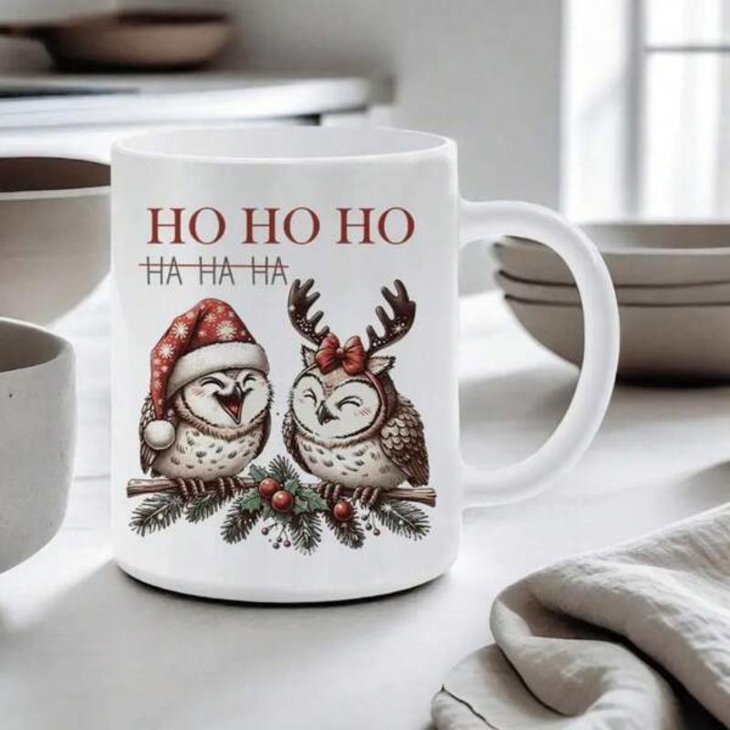 Tailorly White Ceramic 11 oz Mug - Ho Ho Ho Ha Ha Ha Two Cute Festive Owls Wearing Reindeer Antlers And Santa Hat Owl