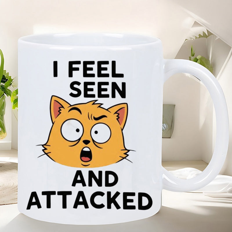 Tailorly White Ceramic 11 oz Mug - I Feel Seen And Attacked Shocked Cartoon Orange Feline Expressing Surprised Face With Wide Eyes Cat