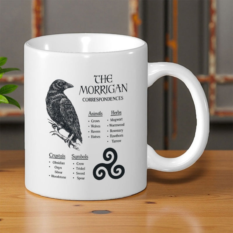 Tailorly White Ceramic 11 oz Mug - The Morrigan Correspondences Detailed Black Raven Perched On Branch With Ancient Celtic Triple Spiral Crow
