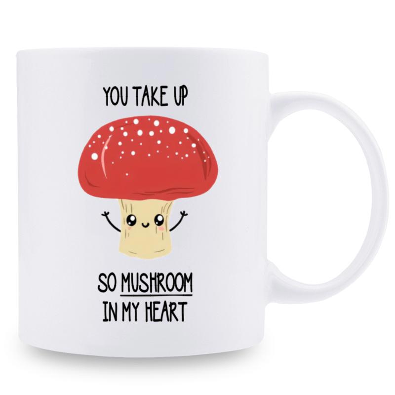 Tailorly White Ceramic 11 oz Mug - You Take Up So Mushroom In My Heart Adorable Red Spotted Fungi Smiling Cheerfully With Tiny Arms Raised Mushroom
