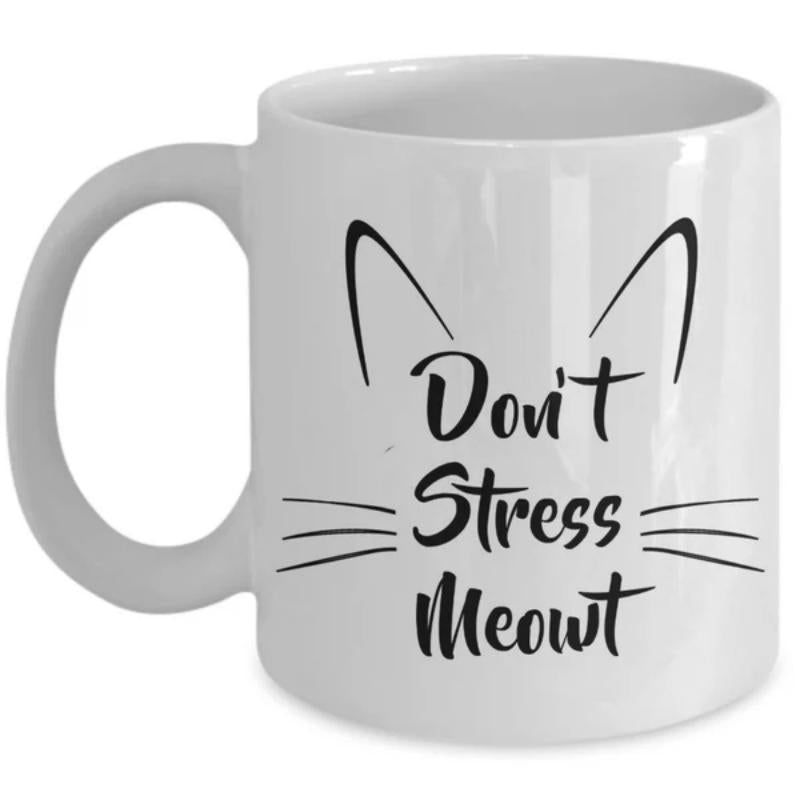 Tailorly White Ceramic 11 oz Mug - Don't Stress Meowt Minimalist Artistic Black Outline With Whiskers And Ears Cat