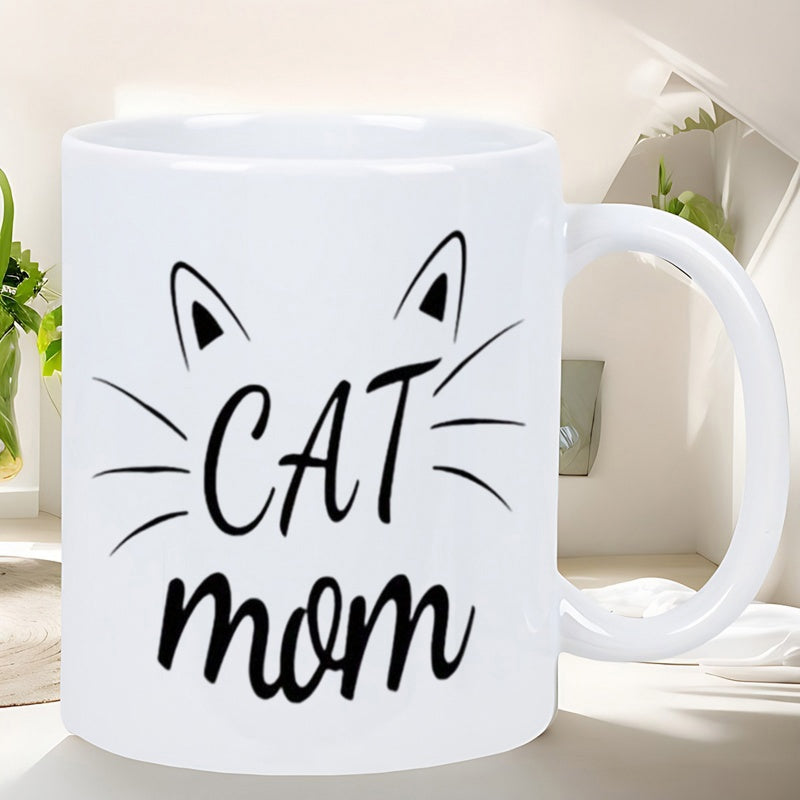 Tailorly White Ceramic 11 oz Mug - Cat Mom Minimalist Whiskers And Ears Featuring Elegant Artistic Script Style Cat