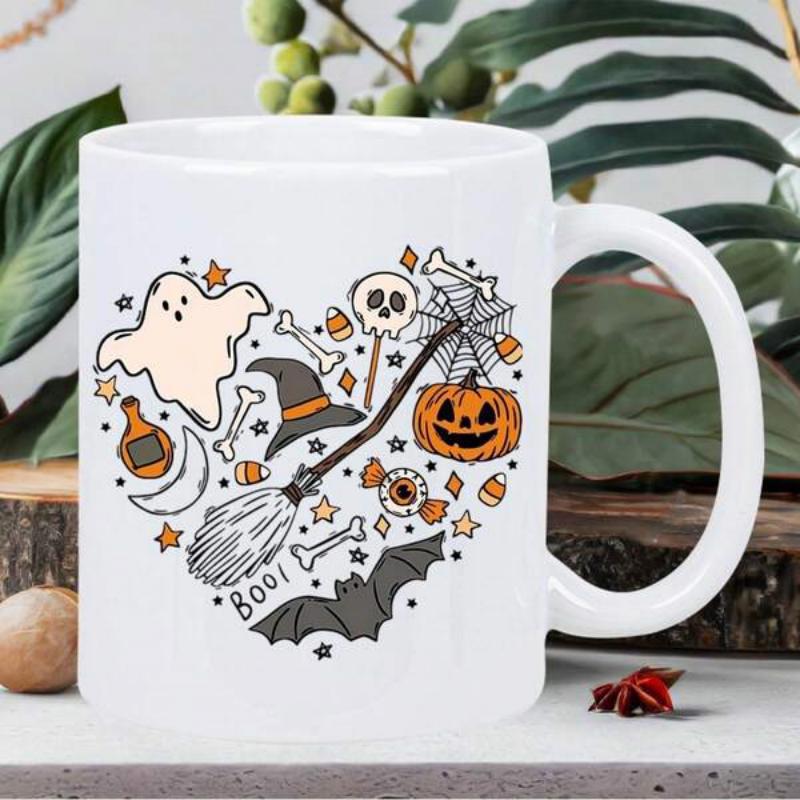 Tailorly White Ceramic 11 oz Mug - Boo Whimsical Spooky Ghost With Pumpkin And Witch Hat Floating Among Bones Heart