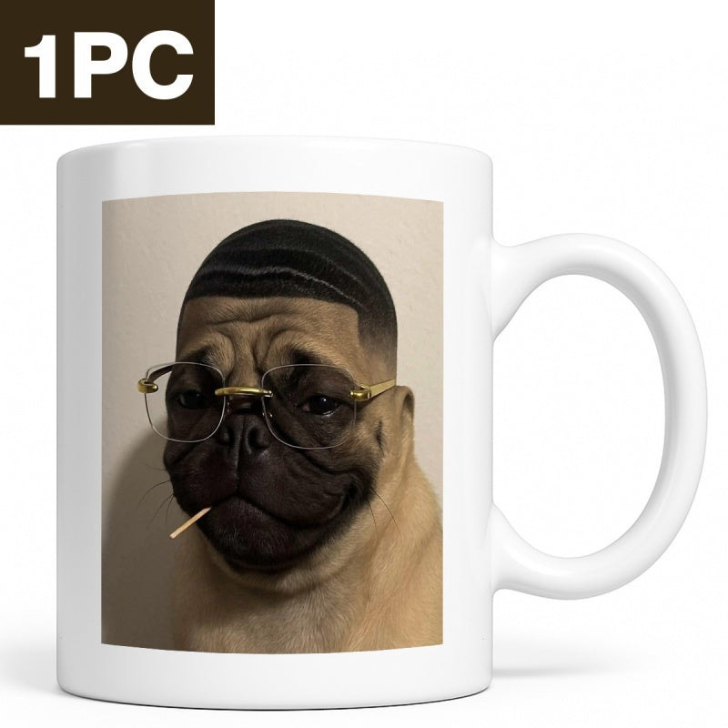 Tailorly White Ceramic 11 oz Mug - Cool Stylized Animal Wearing Modern Glasses And Trendy Haircut Pug