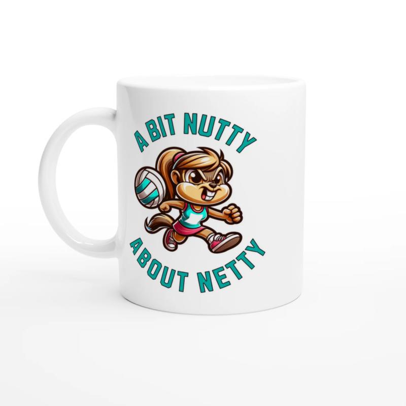 Tailorly White Ceramic 11 oz Mug - A Bit Nutty About Netty Energetic Cartoon Mascot Running While Carrying A Standard Striped Volleyball Squirrel