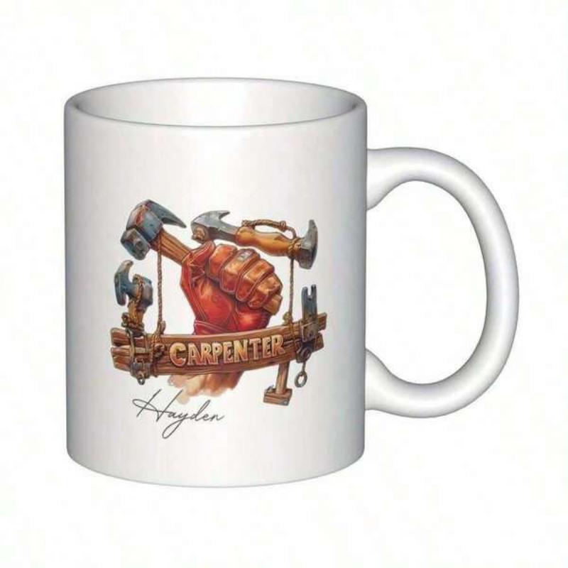 Tailorly White Ceramic 11 oz Mug - Carpenter Hayden Strong Clenched Fist Holding Tools Behind Wooden Banner Hammer