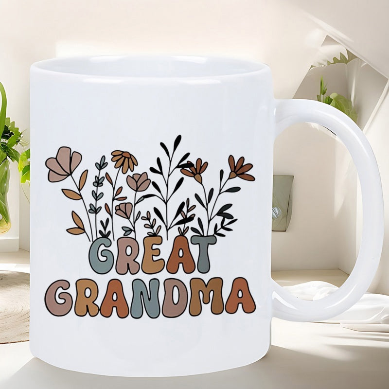 Tailorly White Ceramic 11 oz Mug - Great Grandma Hand Drawn Wildflowers In Muted Earth Tones With Retro Style Letters Wildflower