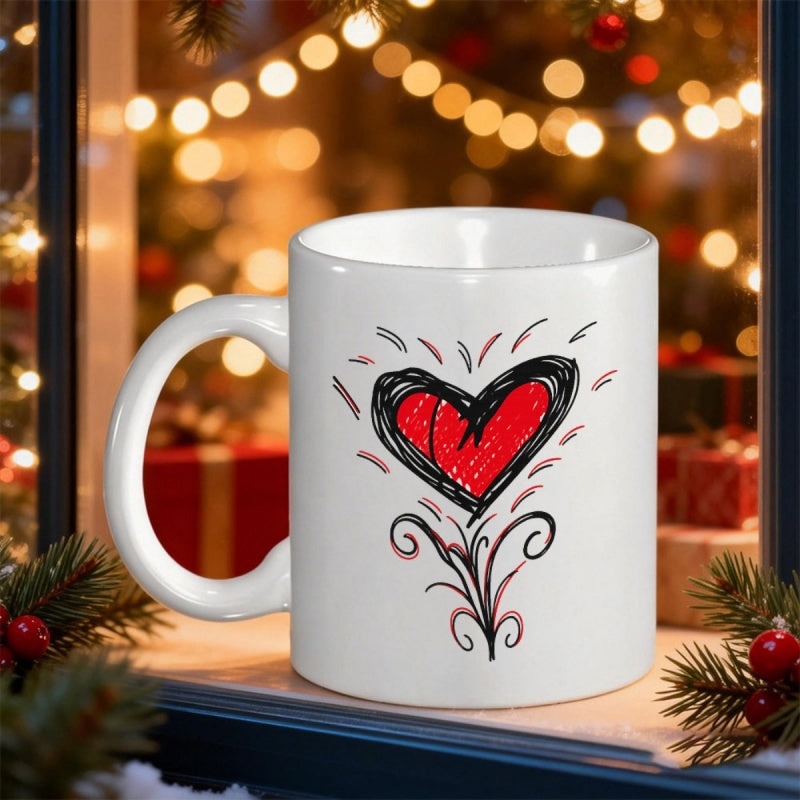 Tailorly White Ceramic 11 oz Mug - Artistic Sketched Red Style With Elegant Black Decorative Swirl Flourish Heart