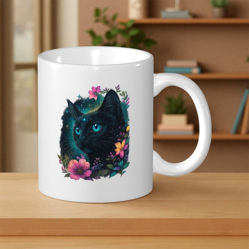 Tailorly White Ceramic 11 oz Mug - Serene Black Cat Peeking Through Vibrant Floral Garden Under Starry Night Cat
