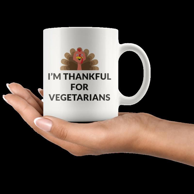 Tailorly White Ceramic 11 oz Mug - Im Thankful For Vegetarians Cute Brown Cartoon Thanksgiving Bird With Spread Feathers And Red Wattle Turkey