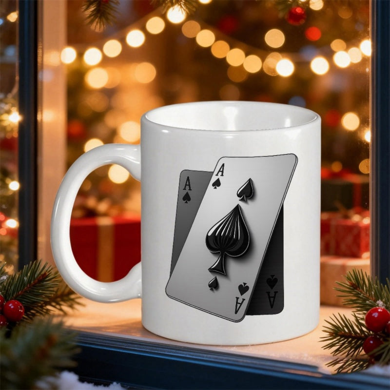 Tailorly White Ceramic 11 oz Mug - Two Overlapping Playing Cards Featuring A Realistic Three Dimensional Black Ace Of Spades Ace