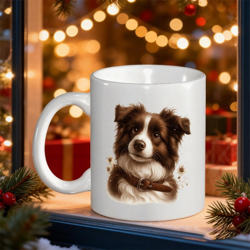Tailorly White Ceramic 11 oz Mug - Realistic Brown And White Border Collie Wearing Leather Collar Illustration Dog