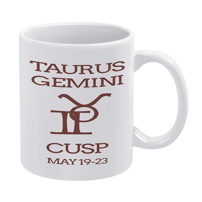 Tailorly White Ceramic 11 oz Mug - Taurus Gemini Cusp May 19 23 Minimalist Overlapping Astrological Symbols Printed In A Simple Brown Ink Zodiac