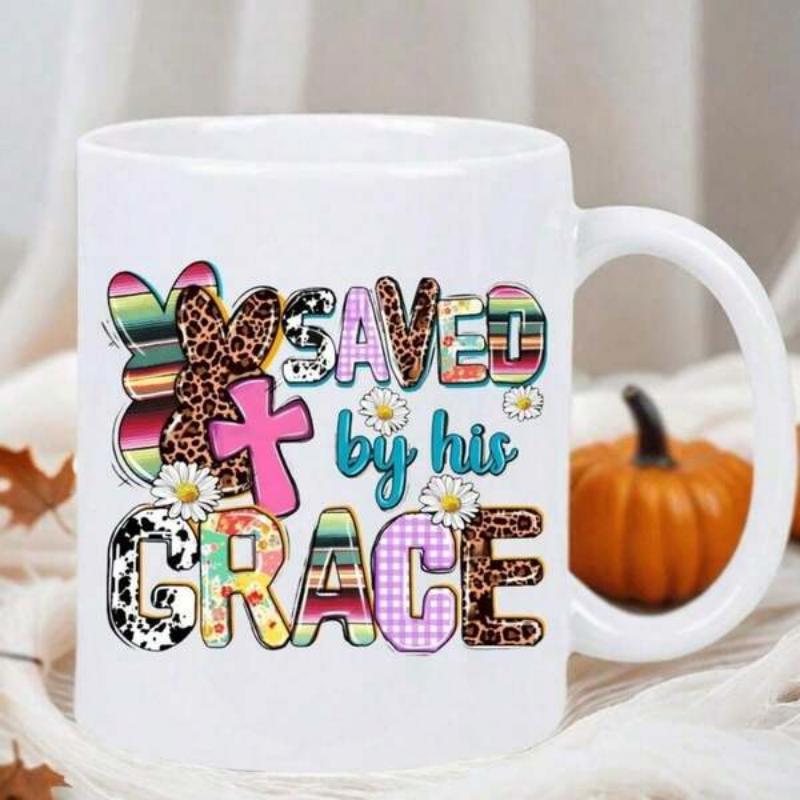 Tailorly White Ceramic 11 oz Mug - Saved By His Grace Colorful Leopard Cow Print Pattern With Floral Accents Cross