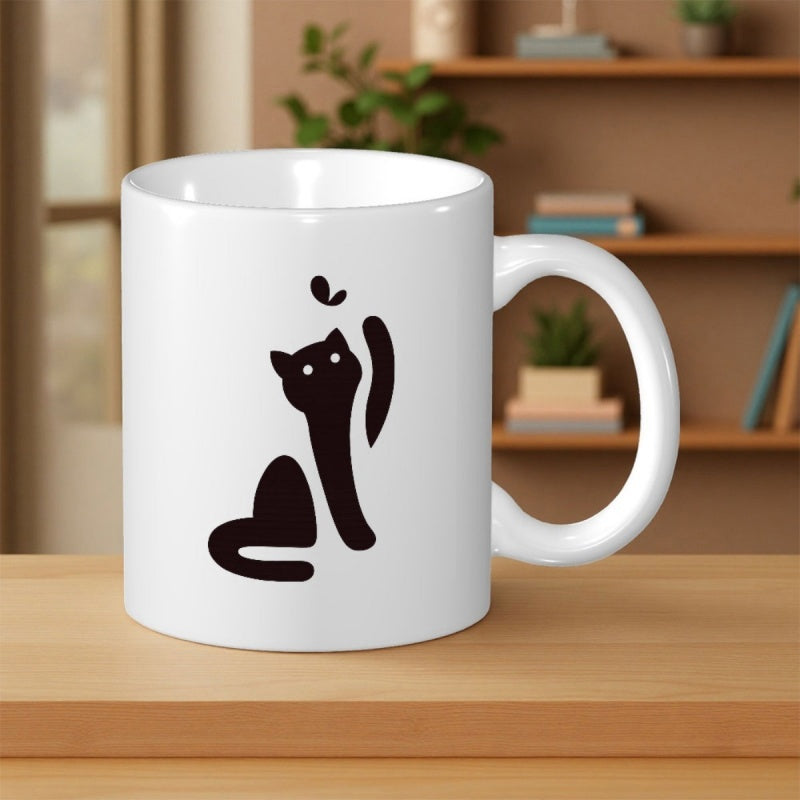 Tailorly White Ceramic 11 oz Mug - Minimalist Black Silhouette Of A Playful Feline Reaching Upwards Cat