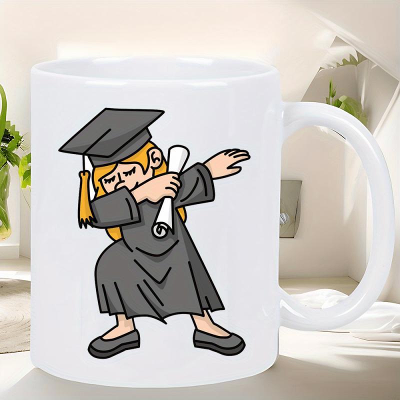 Tailorly White Ceramic 11 oz Mug - Happy Cartoon Graduate Performing A Joyful Dabbing Pose Wearing Gown Girl