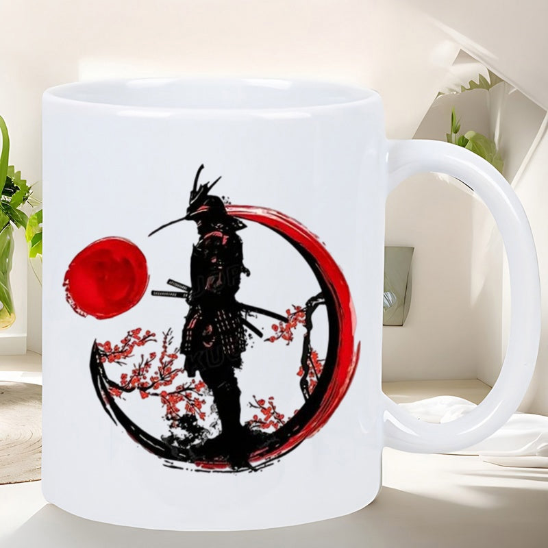 Tailorly White Ceramic 11 oz Mug - Japanese Warrior Silhouette With Rising Sun And Red Cherry Blossoms Samurai