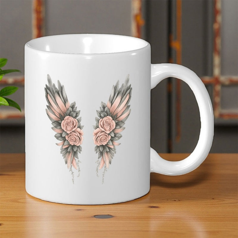 Tailorly White Ceramic 11 oz Mug - Graceful Pink Roses Among Elegant Grey Leaves Forming Symmetrical Floral Wings