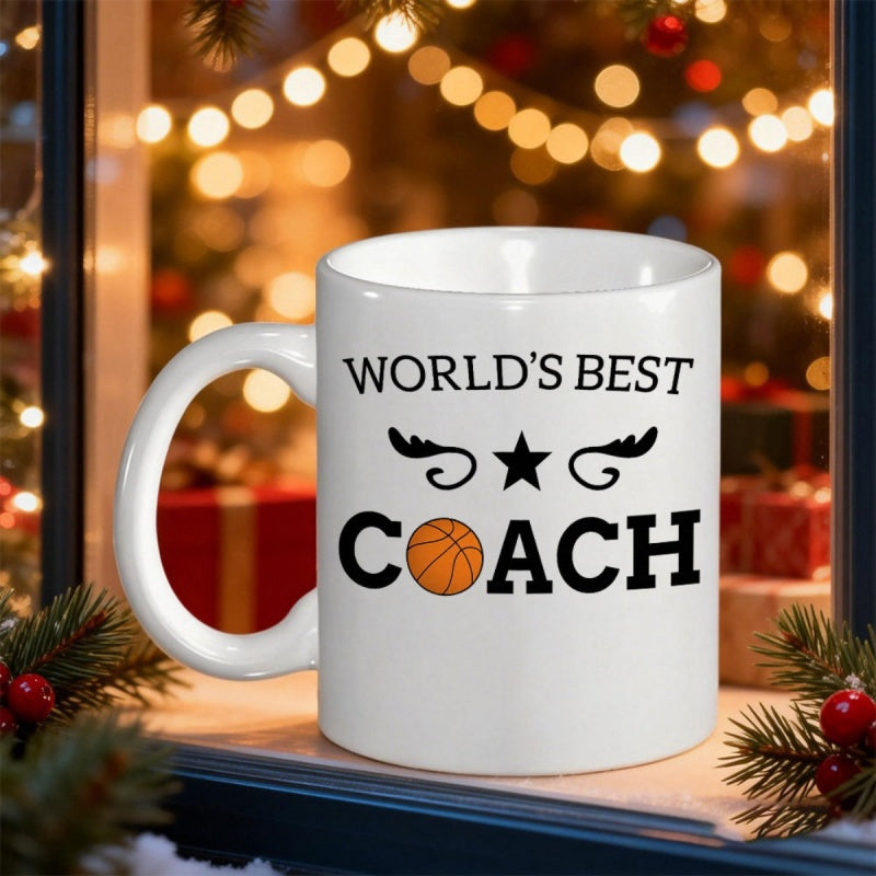 Tailorly White Ceramic 11 oz Mug - Worlds Best Coach Classic Athletic Basketball With Decorative Swashes And Bold Lettering Ceramic Mug