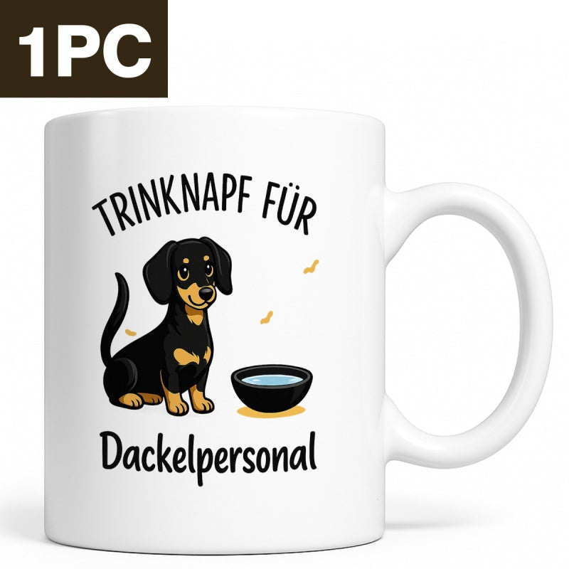 Tailorly White Ceramic 11 oz Mug - Adorable Black And Tan Puppy Sitting Quietly Beside Small Water Bowl Dachshund