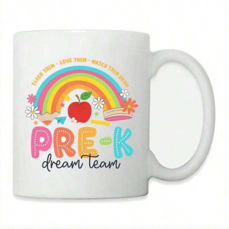 Tailorly White Ceramic 11 oz Mug - Pre K Dream Team Colorful Pastel Rainbow With Ripe Red Apple And Yellow School Pencil Rainbow