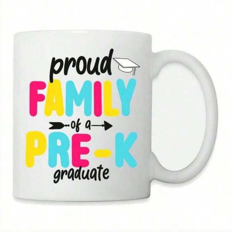 Tailorly White Ceramic 11 oz Mug - Proud Family Of A Pre K Graduate Vibrant Colorful Script Featuring Graduation Cap And Decorative Black Arrow Mug