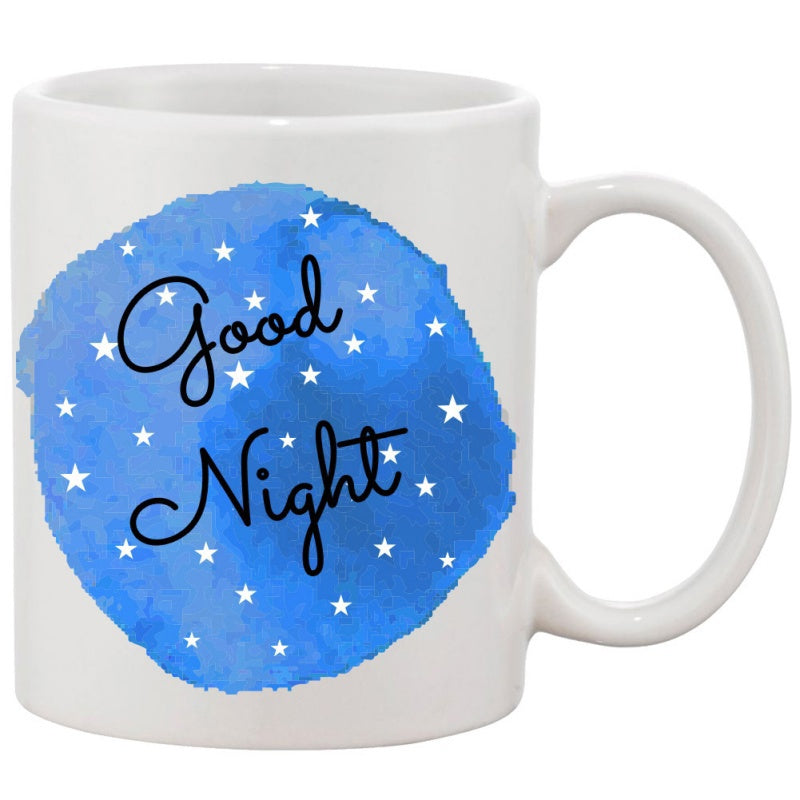Tailorly White Ceramic 11 oz Mug - Good Night Blue Watercolor Circle With White Stars And Elegant Cursive Text Mug