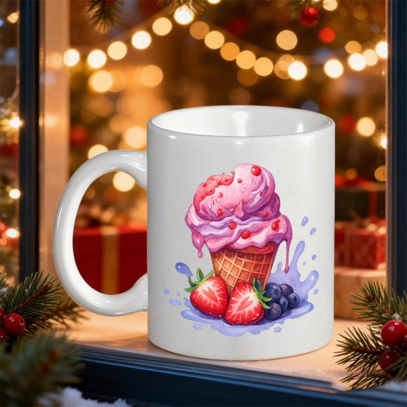 Tailorly White Ceramic 11 oz Mug - Sweet Creamy Pink Strawberry Soft Serve With Fresh Berries Waffle Cone
