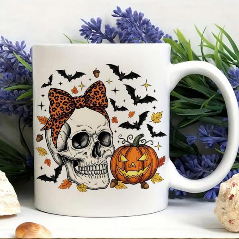 Tailorly White Ceramic 11 oz Mug - Halloween Theme With Leopard Bow Flying Bats And Carved Pumpkin Skull