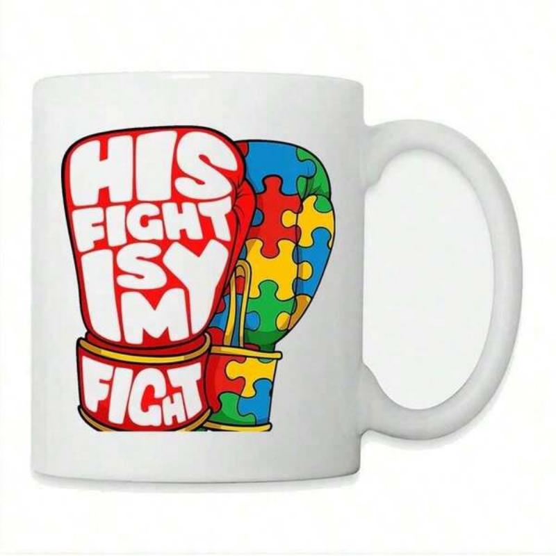 Tailorly White Ceramic 11 oz Mug - His Fight Is My Fight Red Boxing Gloves Decorated With Colorful Puzzle Patterns Representing Strength Awareness Glove