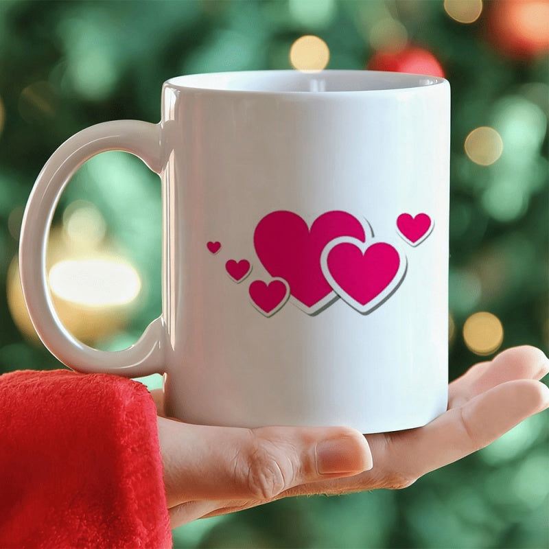 Tailorly White Ceramic 11 oz Mug - Vibrant Pink Hearts Floating Together With Soft Shadows And Glowing Outlines Heart