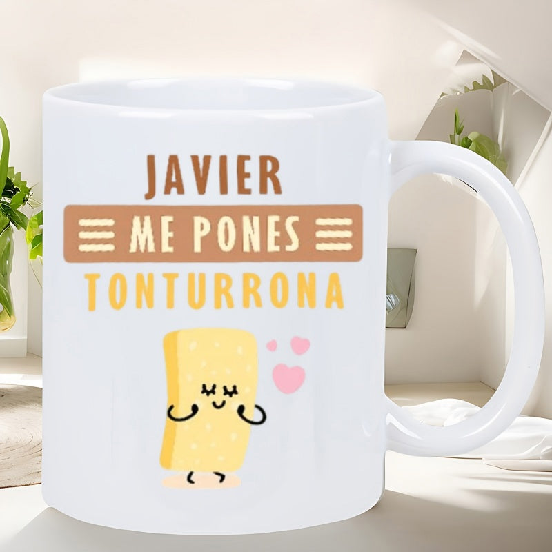 Tailorly White Ceramic 11 oz Mug - Cute Smiling Food Character With Floating Pink Hearts Around Sweet Turron