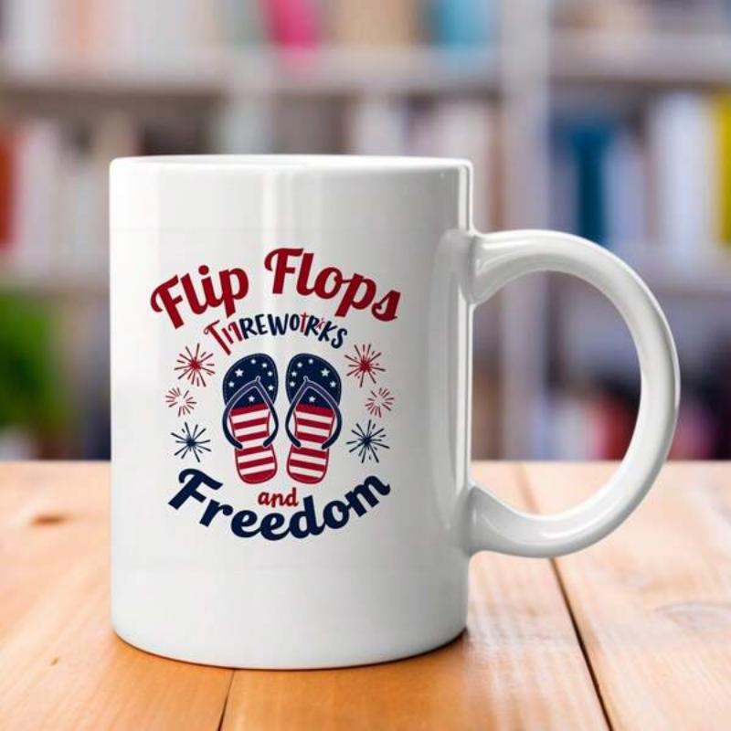 Tailorly White Ceramic 11 oz Mug - Flip Flops Fireworks Freedom Patriotic Stars And Stripes Designs Featuring Small Decorative Red Blue Fireworks Flip Flops