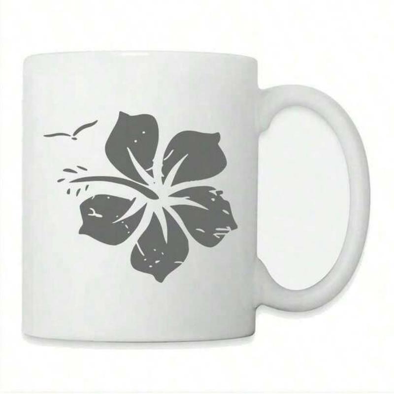 Tailorly White Ceramic 11 oz Mug - Distressed Tropical Vintage Style Blooming Petals Under A Graceful Coastal Bird Hibiscus