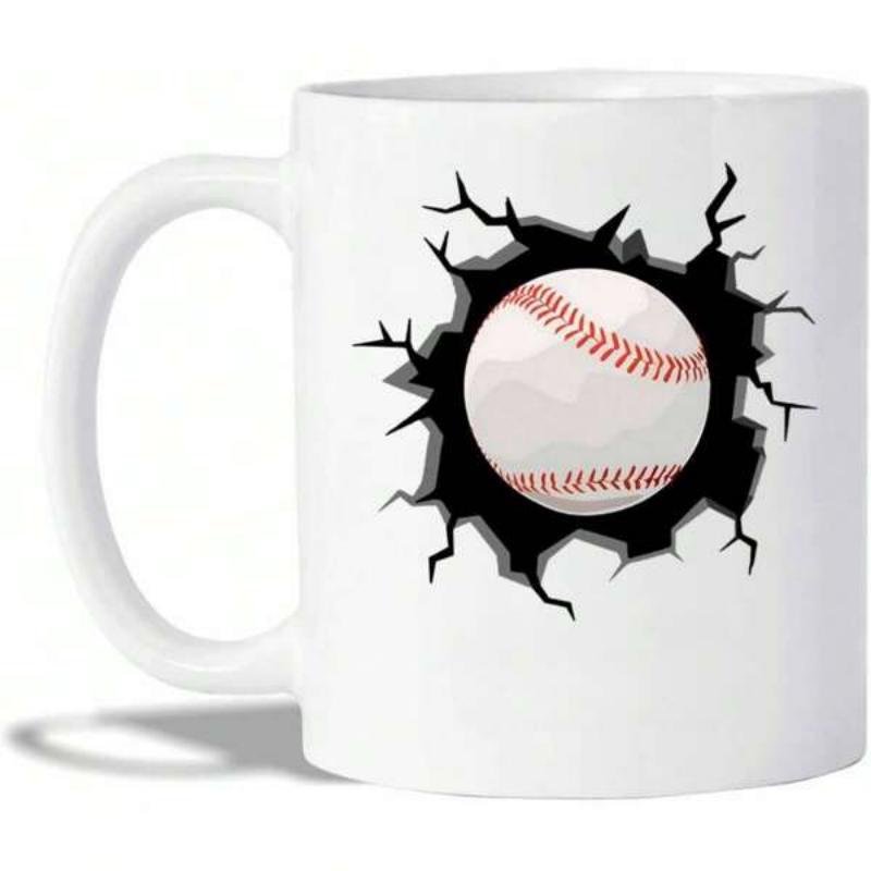 Tailorly White Ceramic 11 oz Mug - Dynamic Black Cracked Pattern Breaking Through Surface With Realistic Red Stitched Baseball