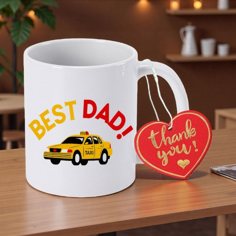 Tailorly White Ceramic 11 oz Mug - Best Dad Classic Yellow City Cab Driving Across A Smooth White Surface Taxi