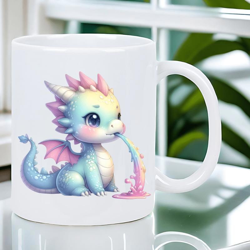 Tailorly White Ceramic 11 oz Mug - Adorable Pastel Baby Creature Spitting Vibrant Colorful Rainbow Liquid Stream Dragon
