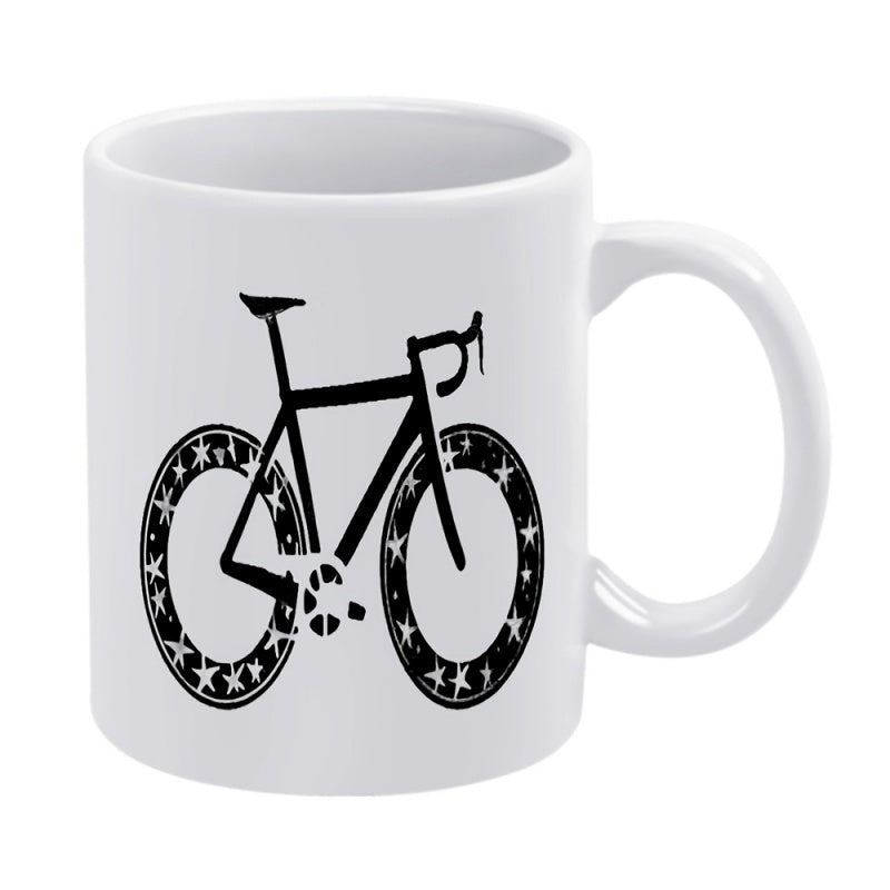 Tailorly White Ceramic 11 oz Mug - Minimalist Black Road Frame Featuring Intricate Starry Patterns Inside Wheels Bicycle