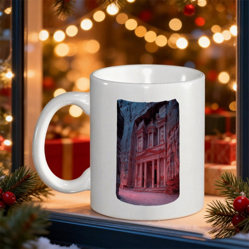Tailorly White Ceramic 11 oz Mug - Majestic Ancient Architecture Carved Into Desert Canyon Walls Of Jordan Temple