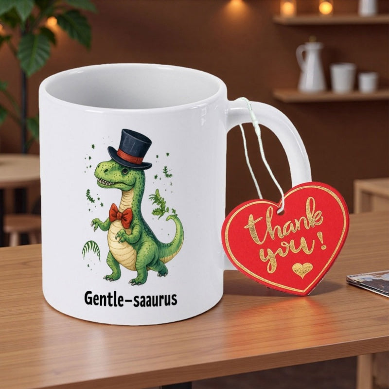 Tailorly White Ceramic 11 oz Mug - Gentle Saaurus Charming Green Cartoon T Rex Wearing Formal Black Top Hat Dinosaur