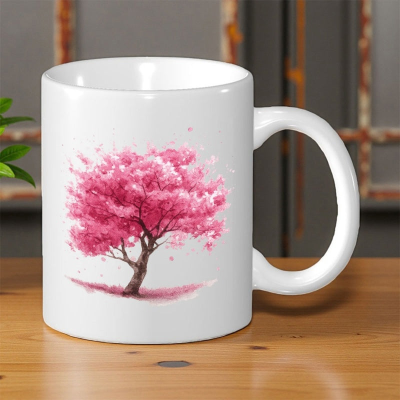 Tailorly White Ceramic 11 oz Mug - Elegant Pink Cherry Blossoms Blooming Softly Under Gentle Spring Sunlight Tree