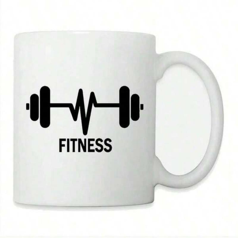 Tailorly White Ceramic 11 oz Mug - Fitness Solid Black Barbell Combined With Dynamic Heartbeat Line Representing Strength Barbell
