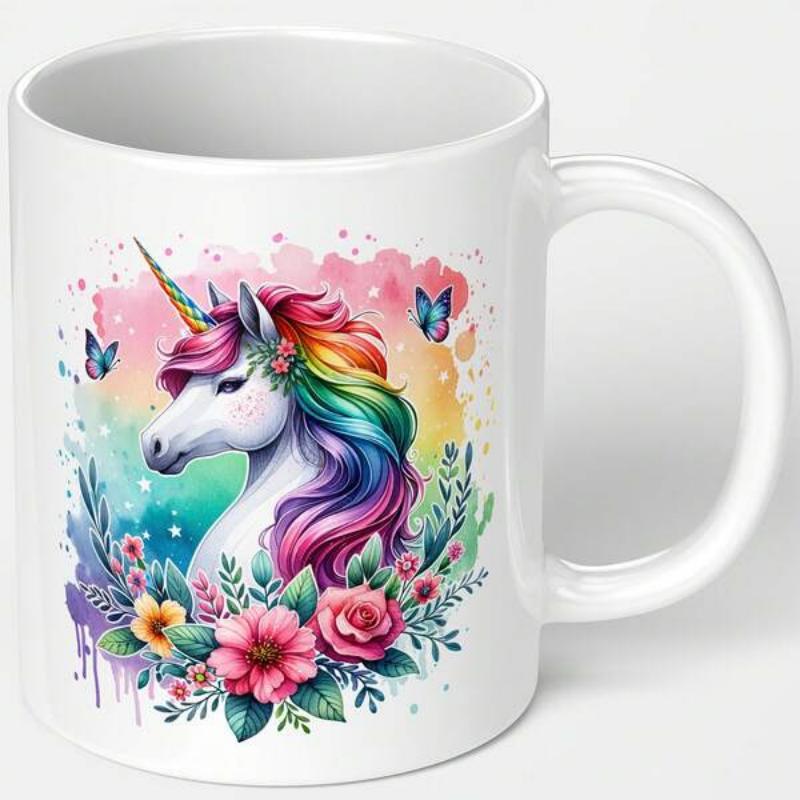 Tailorly White Ceramic 11 oz Mug - Colorful Mane Prancing Among Blooming Flowers And Delicate Butterflies Magical Fantasy Unicorn