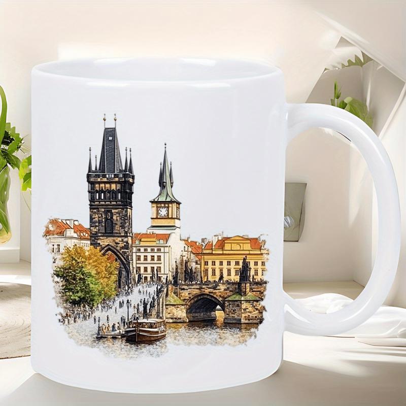 Tailorly White Ceramic 11 oz Mug - Historic European Architecture Featuring Ancient Stone Towers Above A Serene River Cityscape